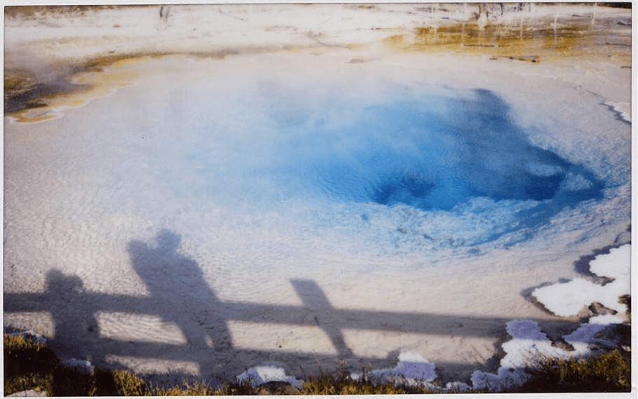 Dad w Juno in backpack, and Hawkeye’s shadows over #SilexSpring, #Yellowstone National Park, #Wyoming.
